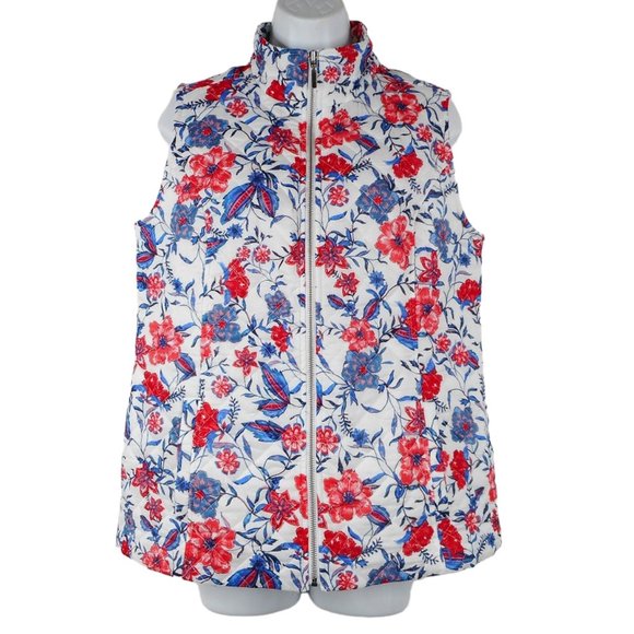 Susan Graver Vest 8 White Red Blue Quilted Cotton Zip Floral Weekend A286741 - Picture 1 of 16